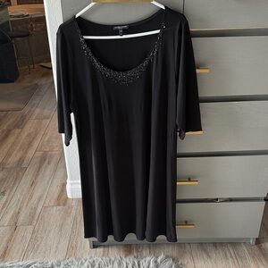 Eileen Fisher Black Dress with Embellished Neckline. 100% silk